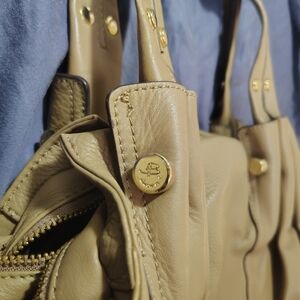 b. makowsky Beige Leather Shoulder Bag with Gold Accents